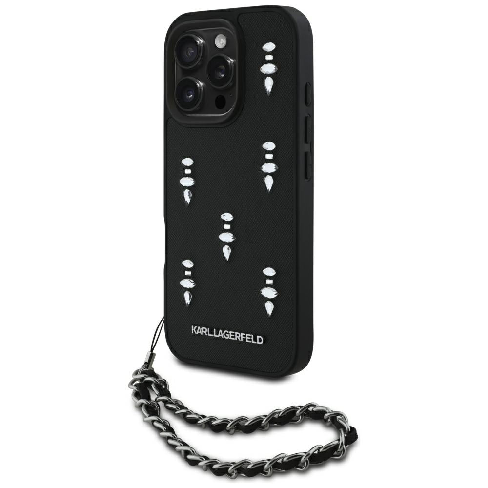 Skyddsfodral för Apple iPhone 16 Pro Max, Karl Lagerfeld, Saffiano Crystals & Charm, Svart