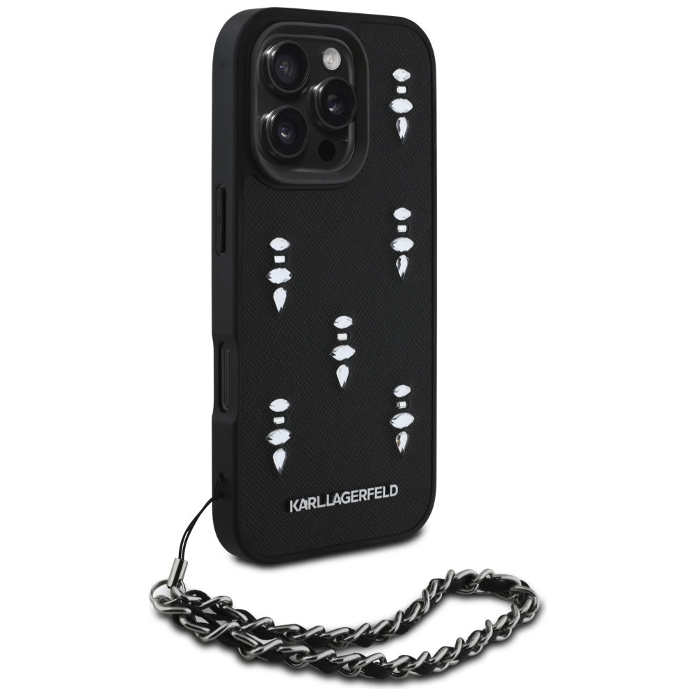Skyddsfodral för Apple iPhone 16 Pro Max, Karl Lagerfeld, Saffiano Crystals & Charm, Svart