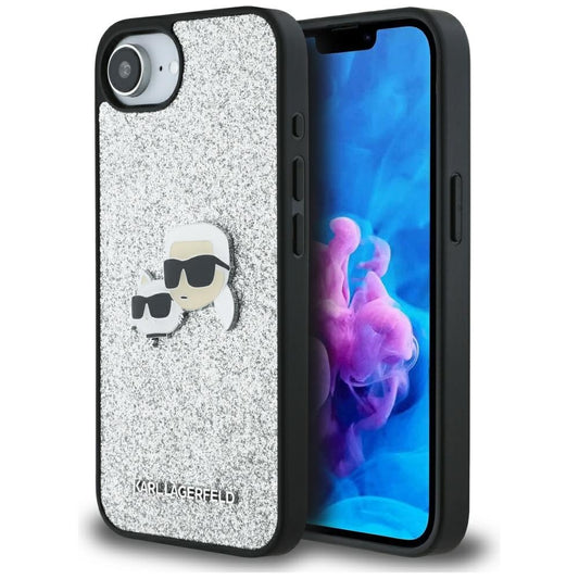 Fodral för Apple iPhone 16e, Karl Lagerfeld, Glitter Fixed Karl & Choupette's Heads, Silver