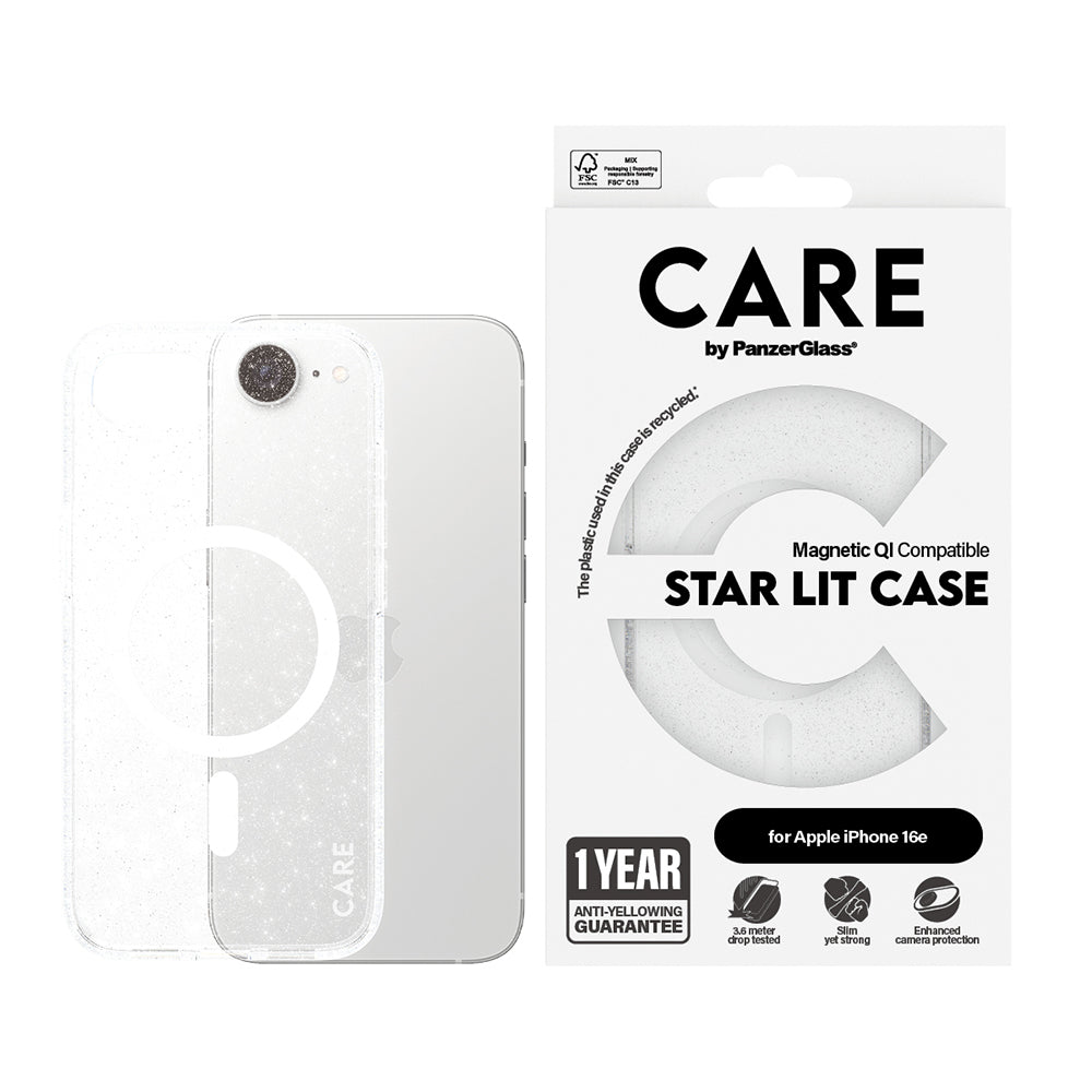 Skyddsfodral för Apple iPhone 16e, PanzerGlass, Care Urban Combat Star Lit, Transparent Vit