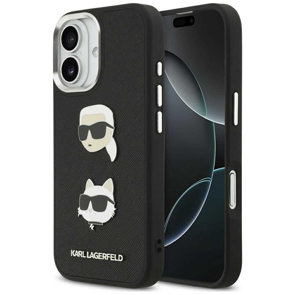 Fodral för Apple iPhone 17, Karl Lagerfeld, Grained Karl & Choupette's Heads Pins and Logo, Svart