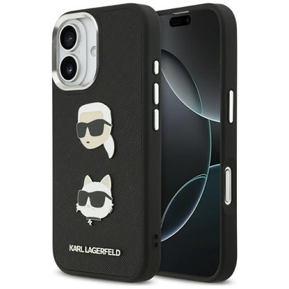 Fodral för Apple iPhone 17, Karl Lagerfeld, Grained Karl & Choupette's Heads Pins and Logo, Svart