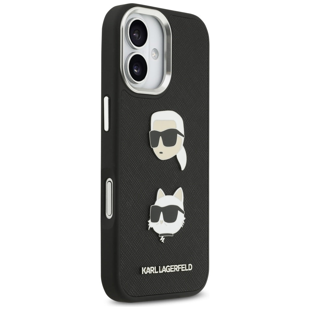 Fodral för Apple iPhone 17, Karl Lagerfeld, Grained Karl & Choupette's Heads Pins and Logo, Svart