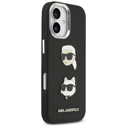 Fodral för Apple iPhone 17, Karl Lagerfeld, Grained Karl & Choupette's Heads Pins and Logo, Svart