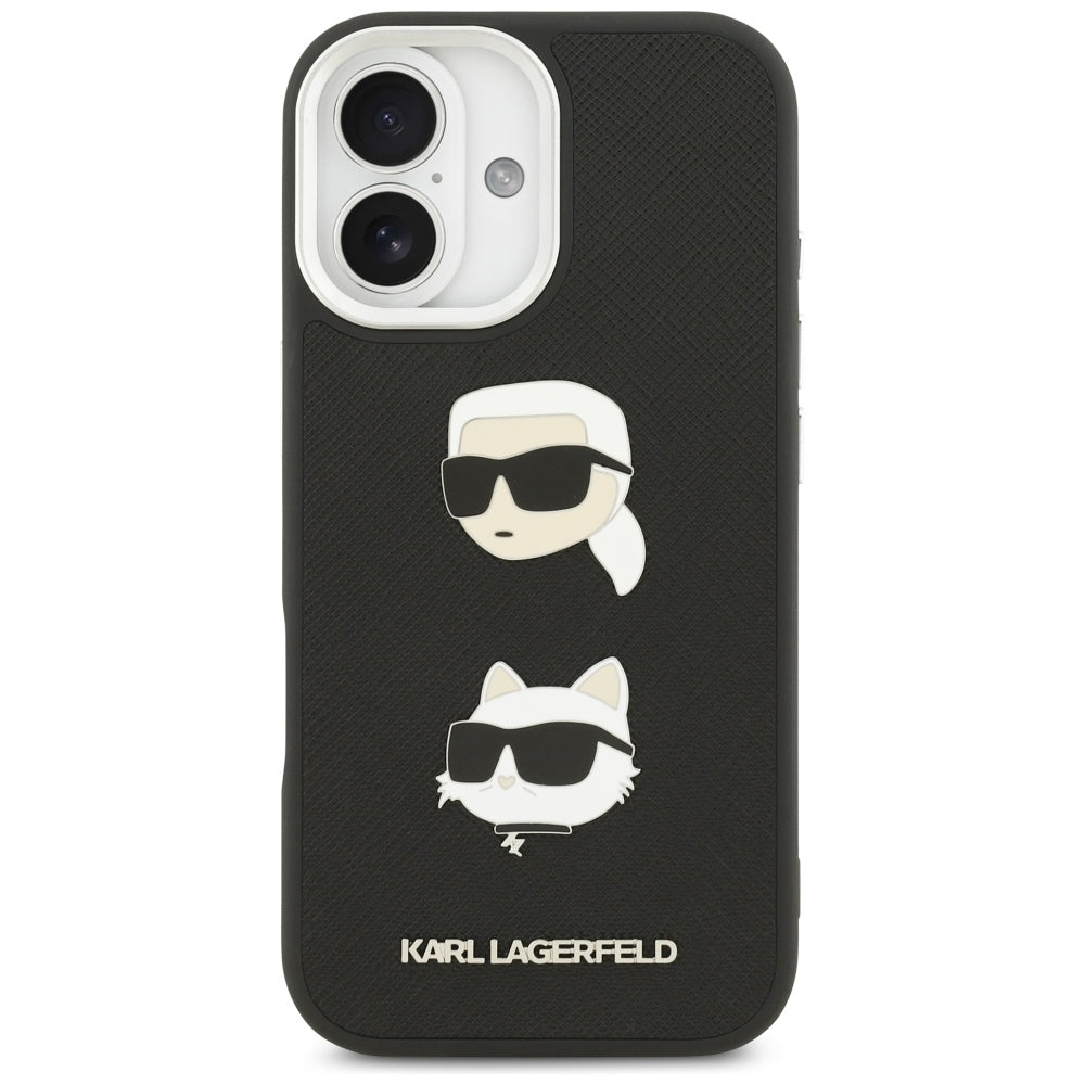 Fodral för Apple iPhone 17, Karl Lagerfeld, Grained Karl & Choupette's Heads Pins and Logo, Svart