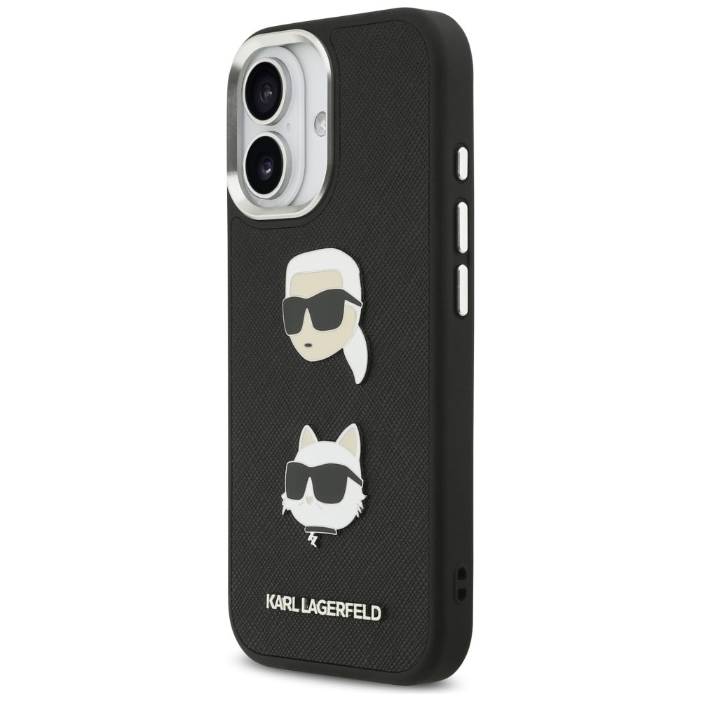 Fodral för Apple iPhone 17, Karl Lagerfeld, Grained Karl & Choupette's Heads Pins and Logo, Svart
