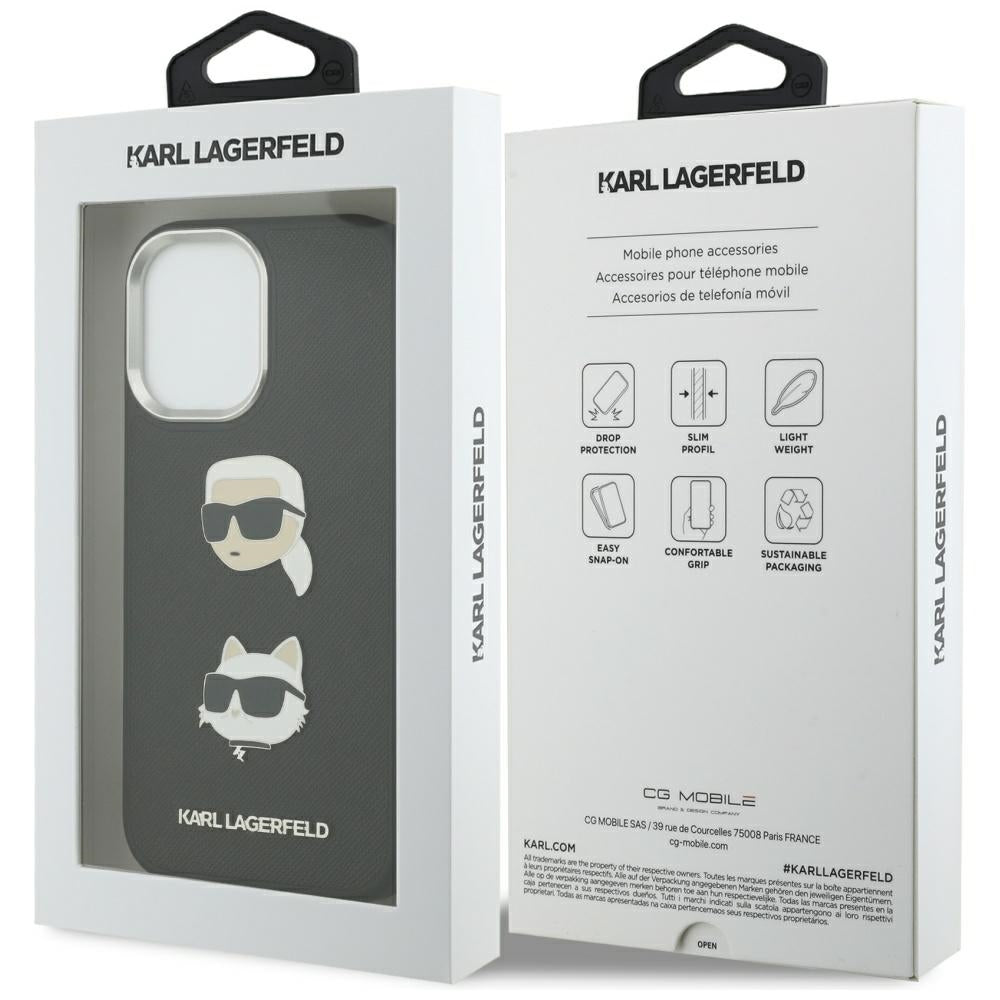 Fodral för Apple iPhone 17, Karl Lagerfeld, Grained Karl & Choupette's Heads Pins and Logo, Svart