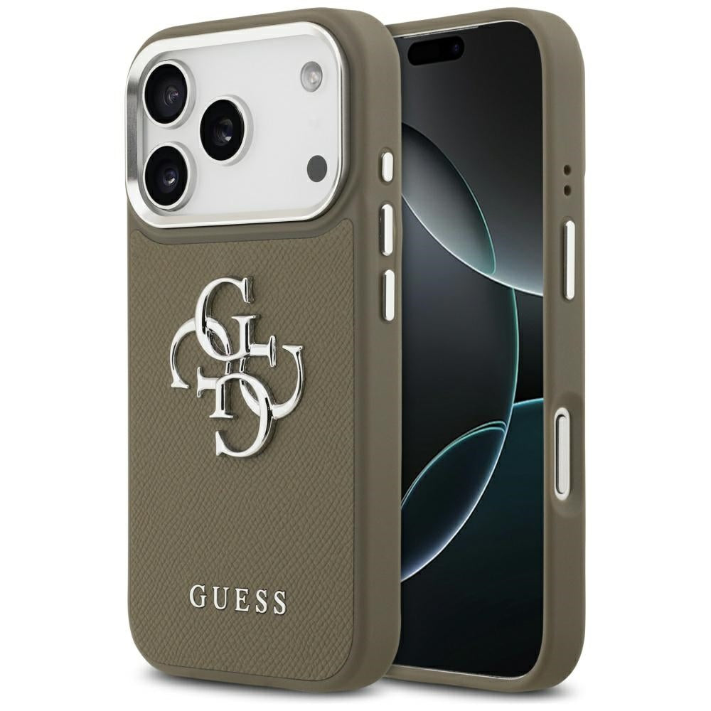 Skyddsfodral för Apple iPhone 17 Pro, Guess, 4G Grained Big And Classic Logo, Brun Silver