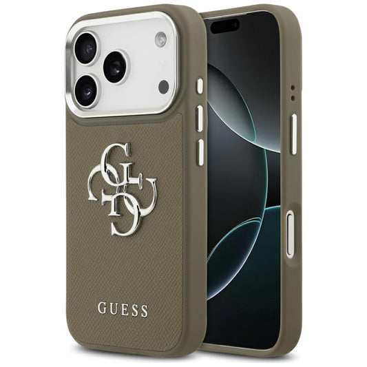 Skyddsfodral för Apple iPhone 17 Pro, Guess, 4G Grained Big And Classic Logo, Brun Silver