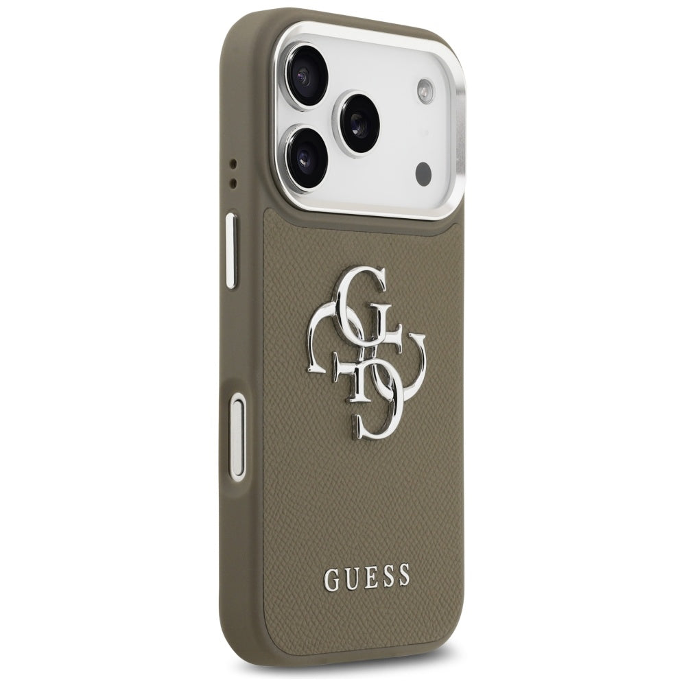 Skyddsfodral för Apple iPhone 17 Pro, Guess, 4G Grained Big And Classic Logo, Brun Silver