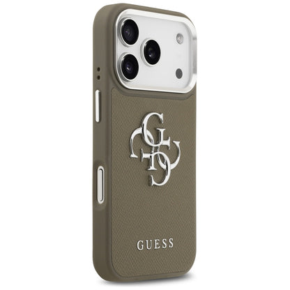 Skyddsfodral för Apple iPhone 17 Pro, Guess, 4G Grained Big And Classic Logo, Brun Silver