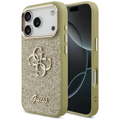 Skyddsfodral för Apple iPhone 17 Pro, Guess, Fixed Glitter Big 4G Metal Frame, Guld