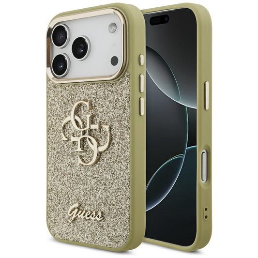 Skyddsfodral för Apple iPhone 17 Pro, Guess, Fixed Glitter Big 4G Metal Frame, Guld
