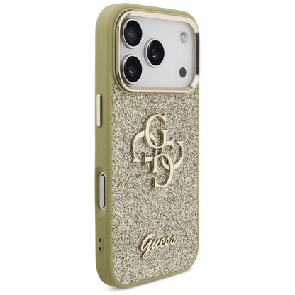Skyddsfodral för Apple iPhone 17 Pro, Guess, Fixed Glitter Big 4G Metal Frame, Guld