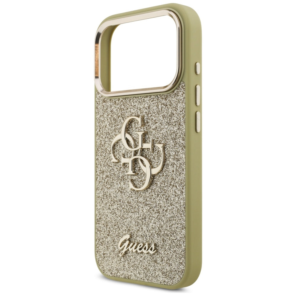 Skyddsfodral för Apple iPhone 17 Pro, Guess, Fixed Glitter Big 4G Metal Frame, Guld