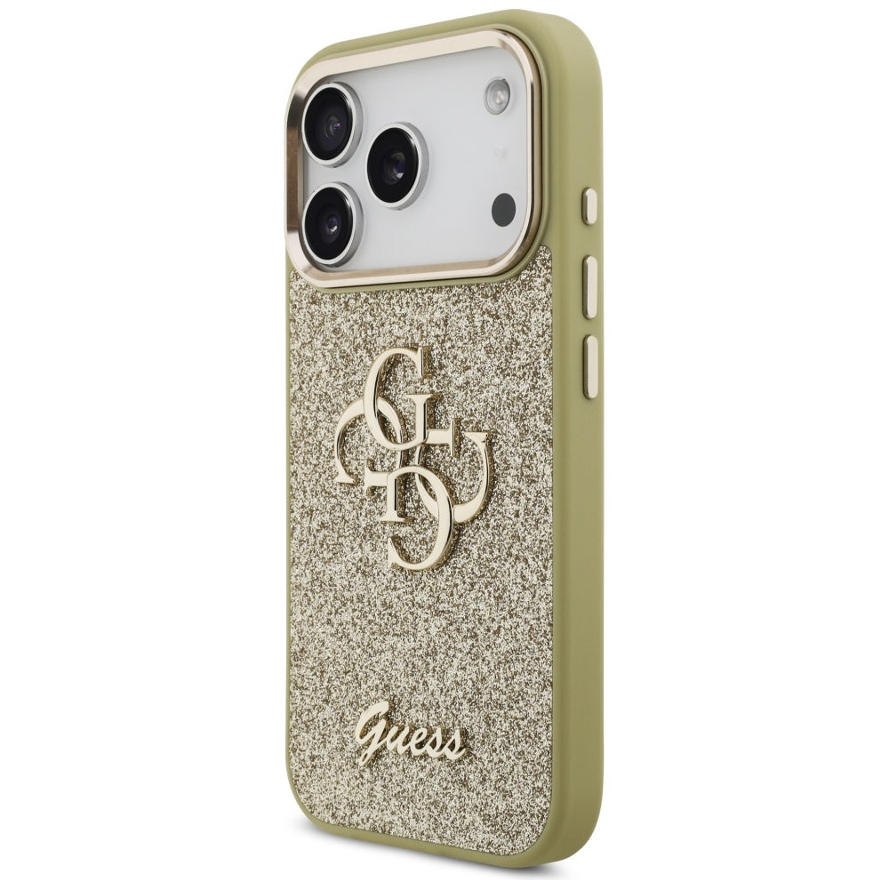 Skyddsfodral för Apple iPhone 17 Pro, Guess, Fixed Glitter Big 4G Metal Frame, Guld