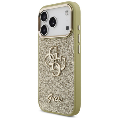 Skyddsfodral för Apple iPhone 17 Pro, Guess, Fixed Glitter Big 4G Metal Frame, Guld