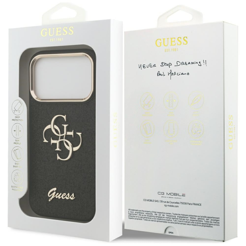 Skyddsfodral för Apple iPhone 17 Pro, Guess, Fixed Glitter Big 4G Metal Frame, Svart
