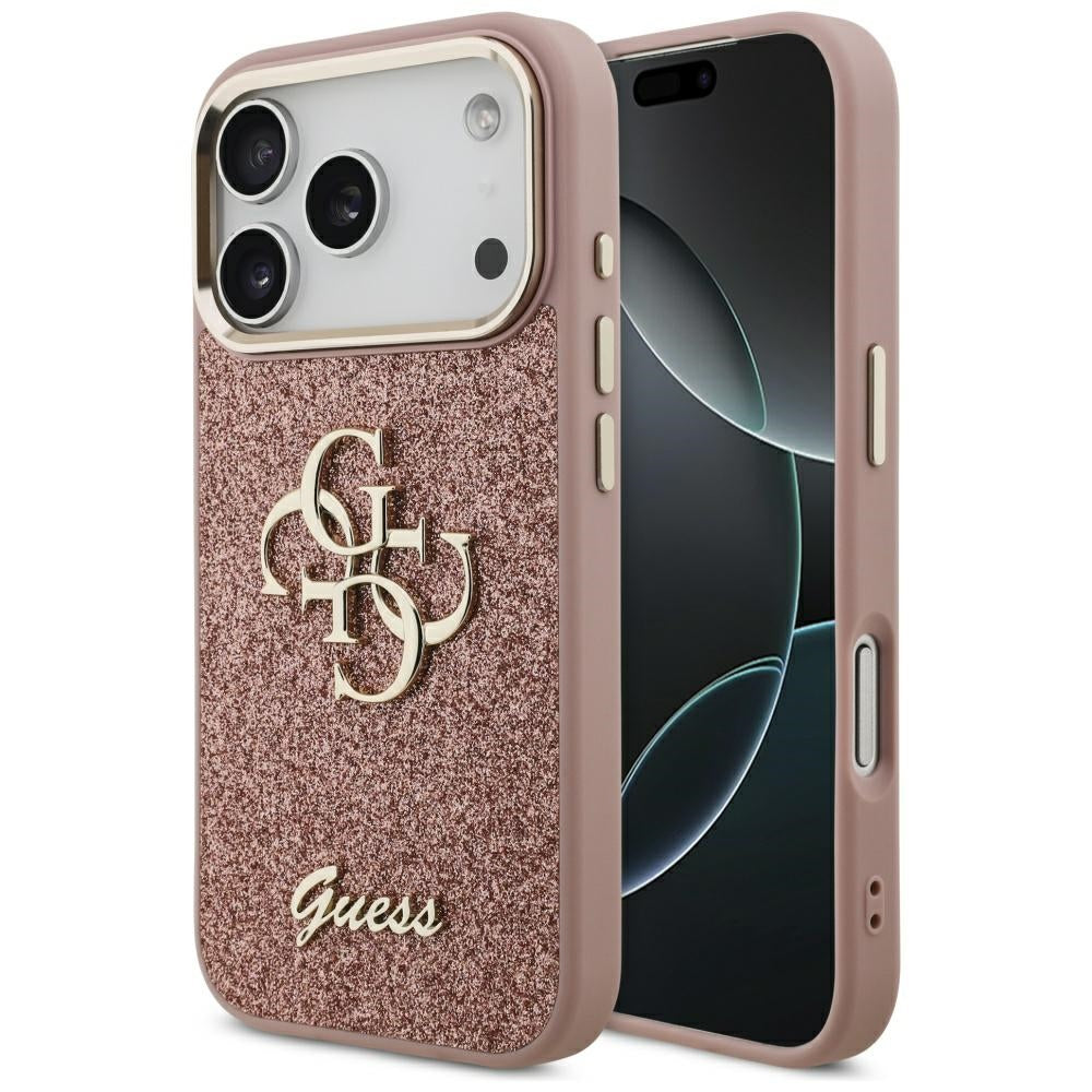 Skyddsfodral för Apple iPhone 17 Pro, Guess, Fixed Glitter Big 4G Metal Frame, Rosa