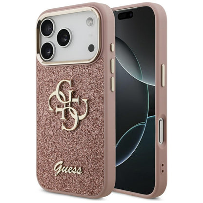 Skyddsfodral för Apple iPhone 17 Pro, Guess, Fixed Glitter Big 4G Metal Frame, Rosa