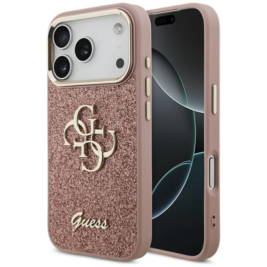 Skyddsfodral för Apple iPhone 17 Pro, Guess, Fixed Glitter Big 4G Metal Frame, Rosa