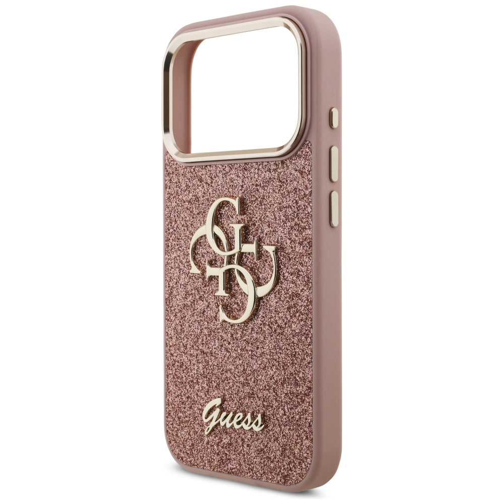 Skyddsfodral för Apple iPhone 17 Pro, Guess, Fixed Glitter Big 4G Metal Frame, Rosa