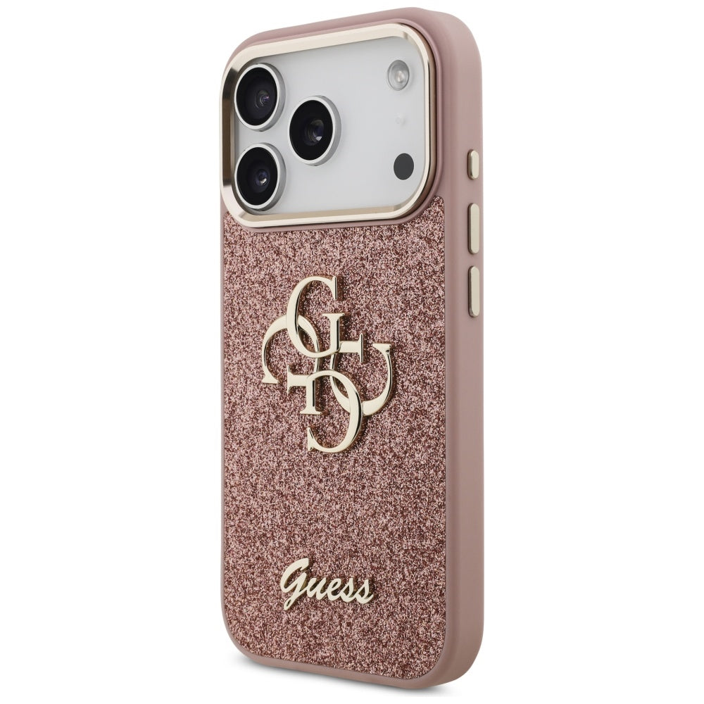 Skyddsfodral för Apple iPhone 17 Pro, Guess, Fixed Glitter Big 4G Metal Frame, Rosa