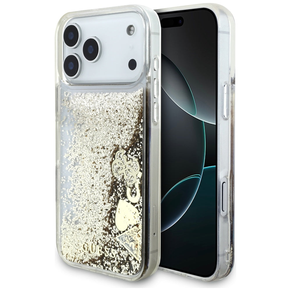 Skyddsfodral för Apple iPhone 17 Pro, Guess, Liquid Glitter Charms, Guld