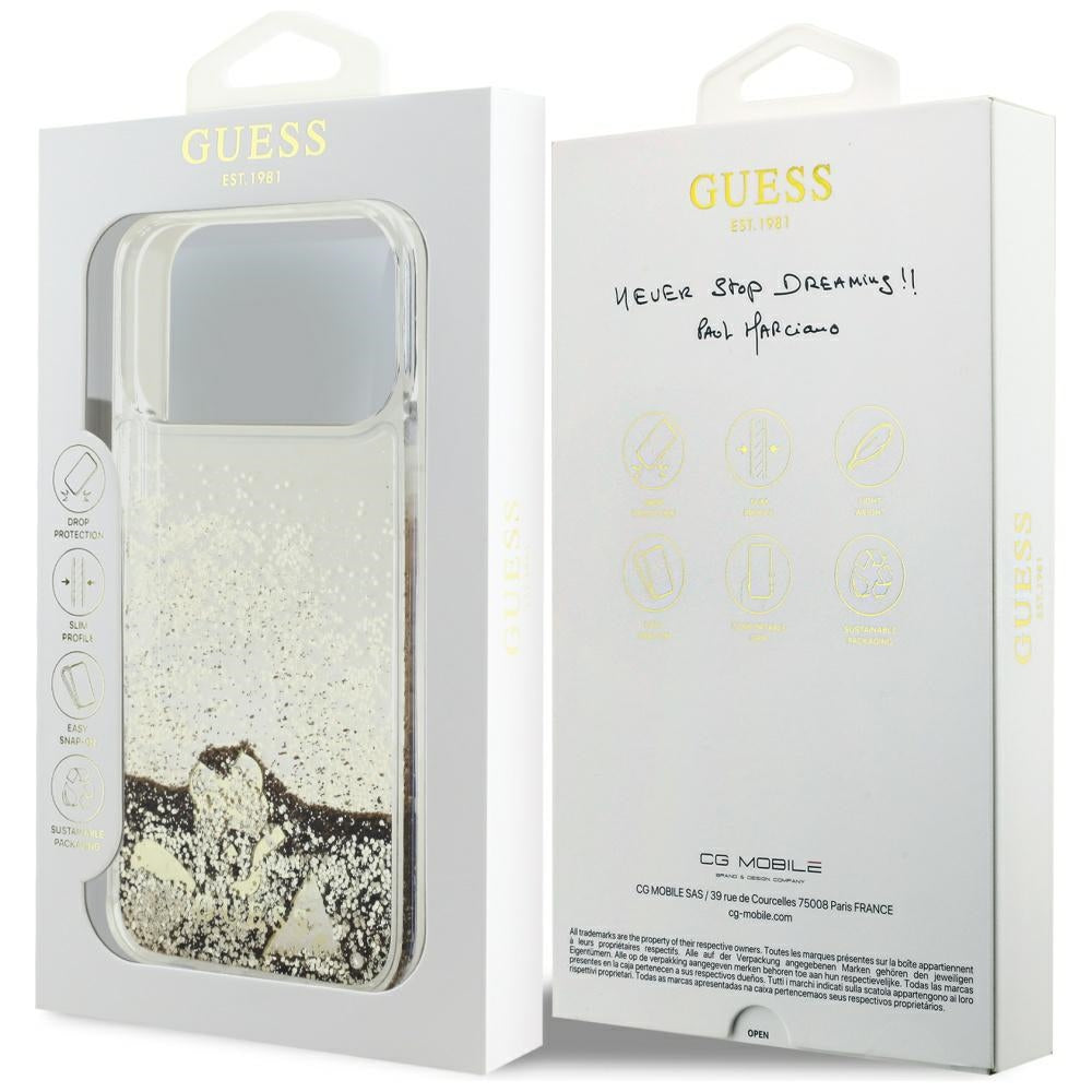 Skyddsfodral för Apple iPhone 17 Pro, Guess, Liquid Glitter Charms, Guld