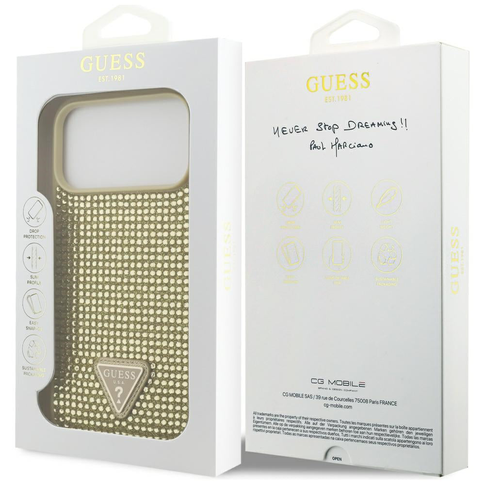 Skyddsfodral för Apple iPhone 17 Pro, Guess, Rhinestone Triangle Logo, Guld