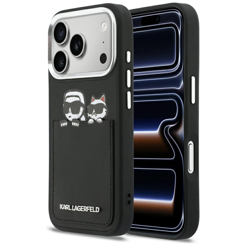 Fodral för Apple iPhone 17 Pro, Karl Lagerfeld, Karl & Choupette Print with Pocket, Svart