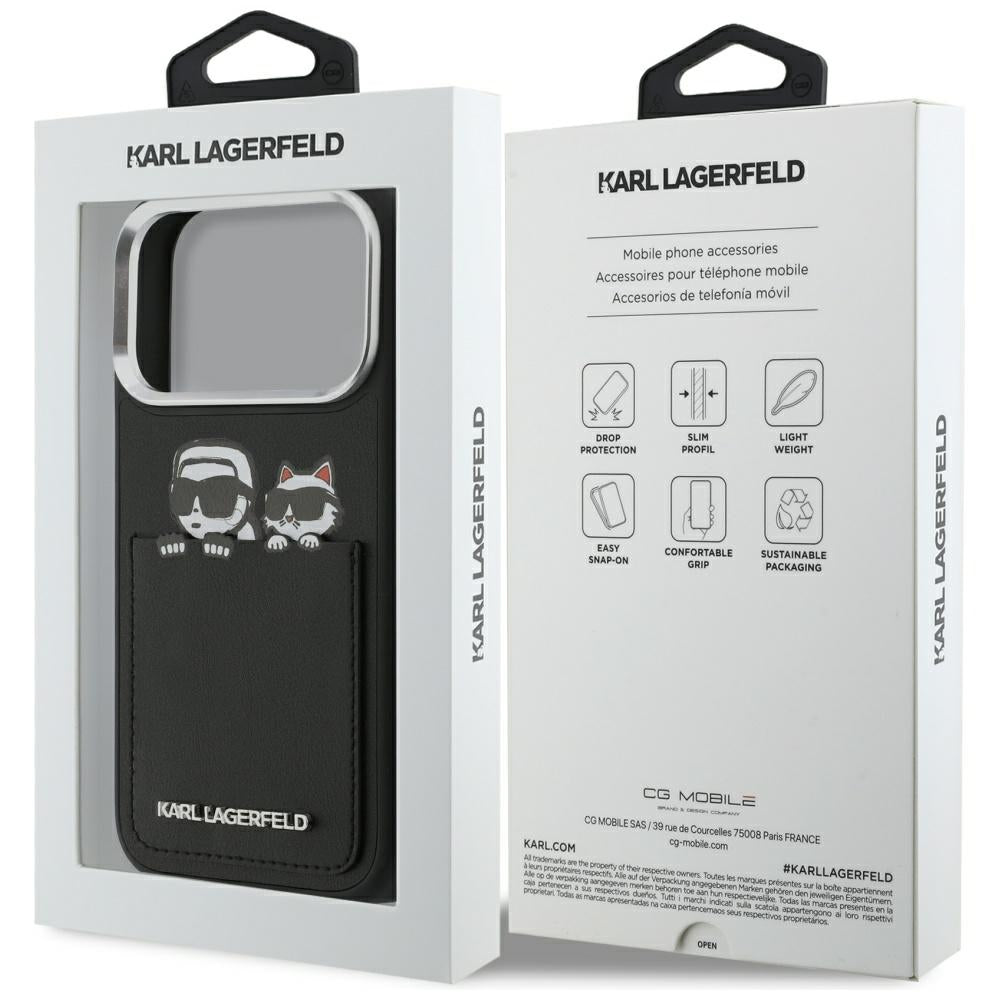 Fodral för Apple iPhone 17 Pro, Karl Lagerfeld, Karl & Choupette Print with Pocket, Svart