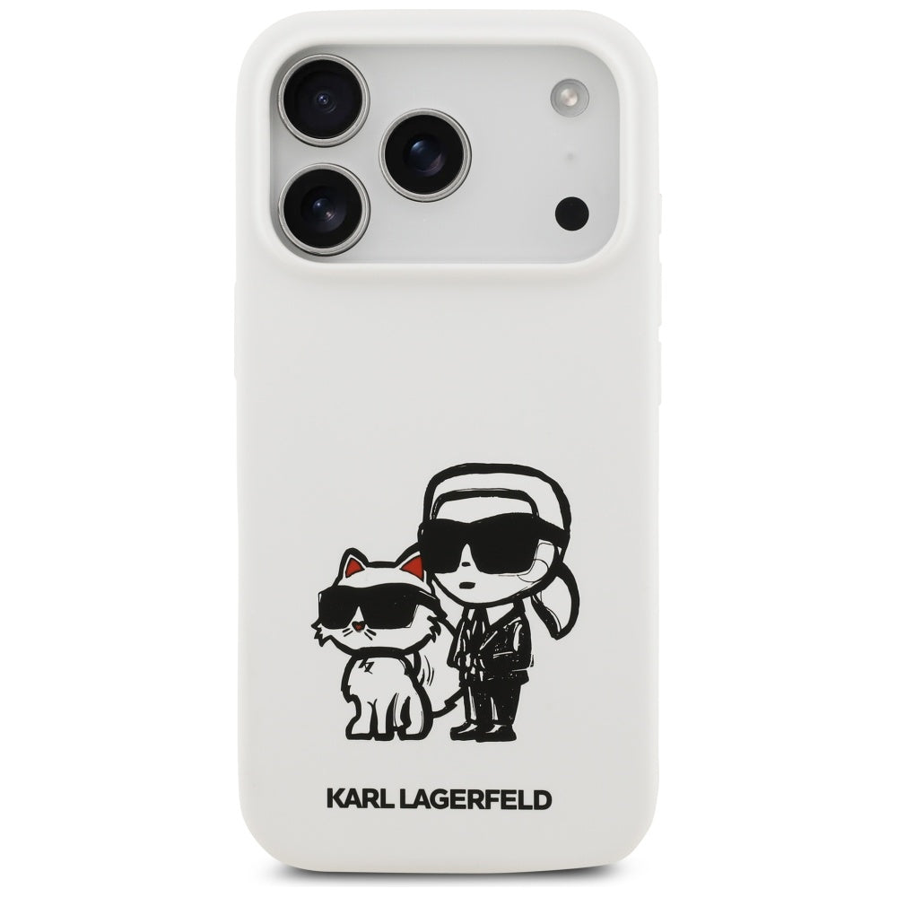 Fodral för Apple iPhone 17 Pro, Karl Lagerfeld, Sketch and Logo Karl & Choupette, Vit