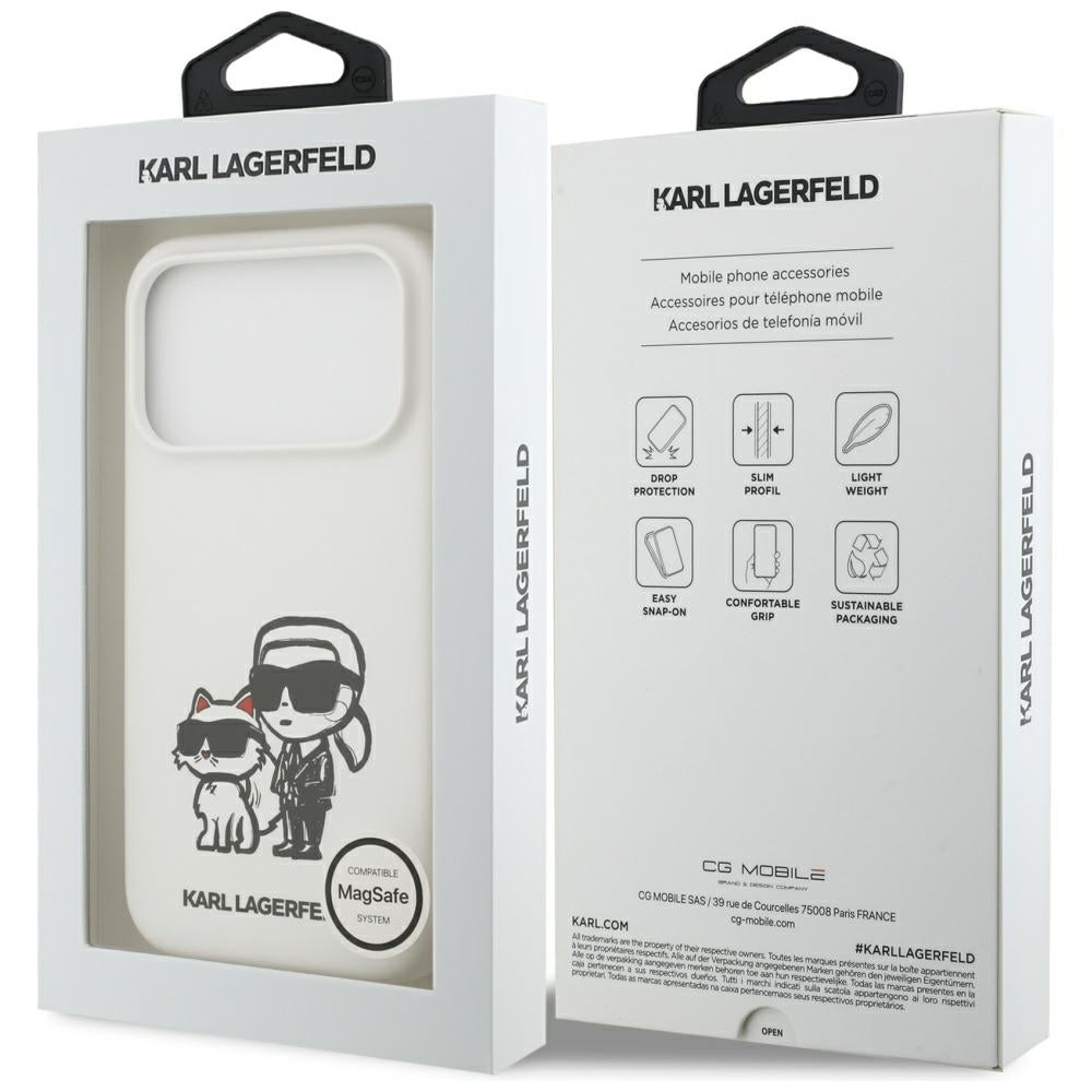 Fodral för Apple iPhone 17 Pro, Karl Lagerfeld, Sketch and Logo Karl & Choupette, Vit