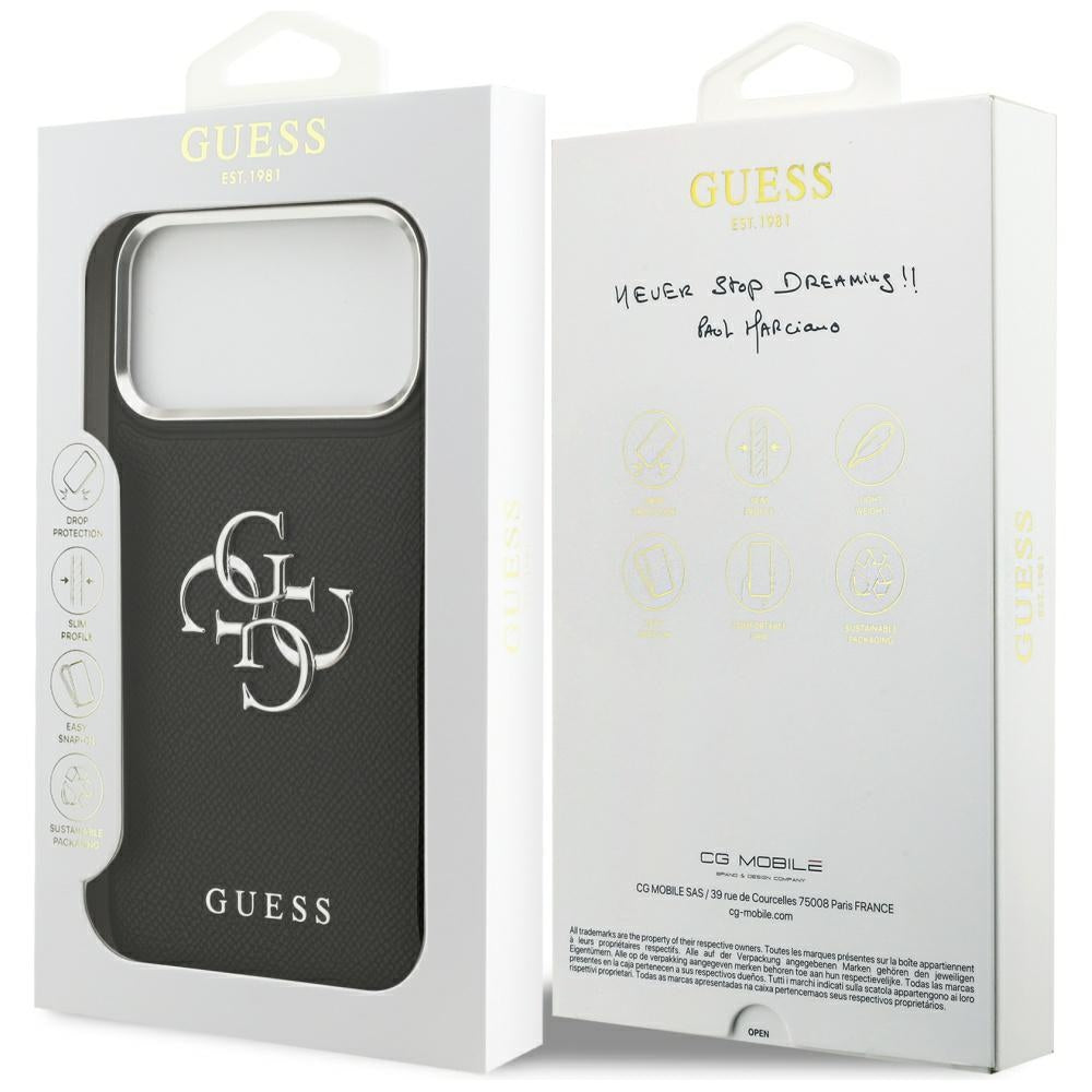 Fodral för Apple iPhone 17 Pro Max, Guess, 4G Grained Big and Classic Logo, Svart Silver