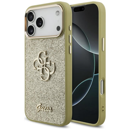 Skyddsfodral för Apple iPhone 17 Pro Max, Guess, Fixed Glitter Big 4G Metal Frame, Guld