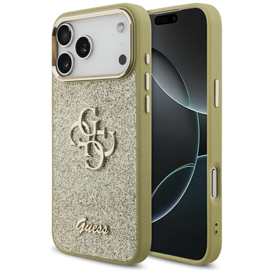 Skyddsfodral för Apple iPhone 17 Pro Max, Guess, Fixed Glitter Big 4G Metal Frame, Guld