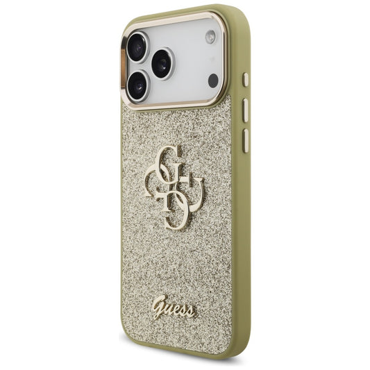 Skyddsfodral för Apple iPhone 17 Pro Max, Guess, Fixed Glitter Big 4G Metal Frame, Guld