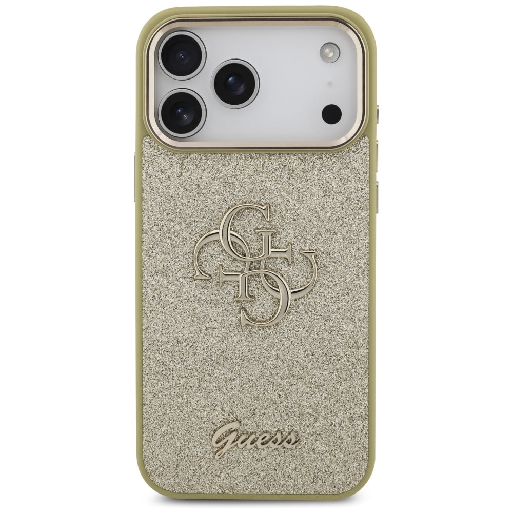 Skyddsfodral för Apple iPhone 17 Pro Max, Guess, Fixed Glitter Big 4G Metal Frame, Guld
