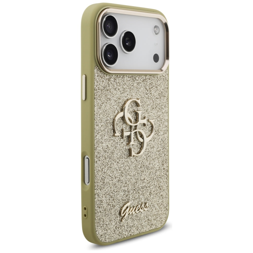 Skyddsfodral för Apple iPhone 17 Pro Max, Guess, Fixed Glitter Big 4G Metal Frame, Guld