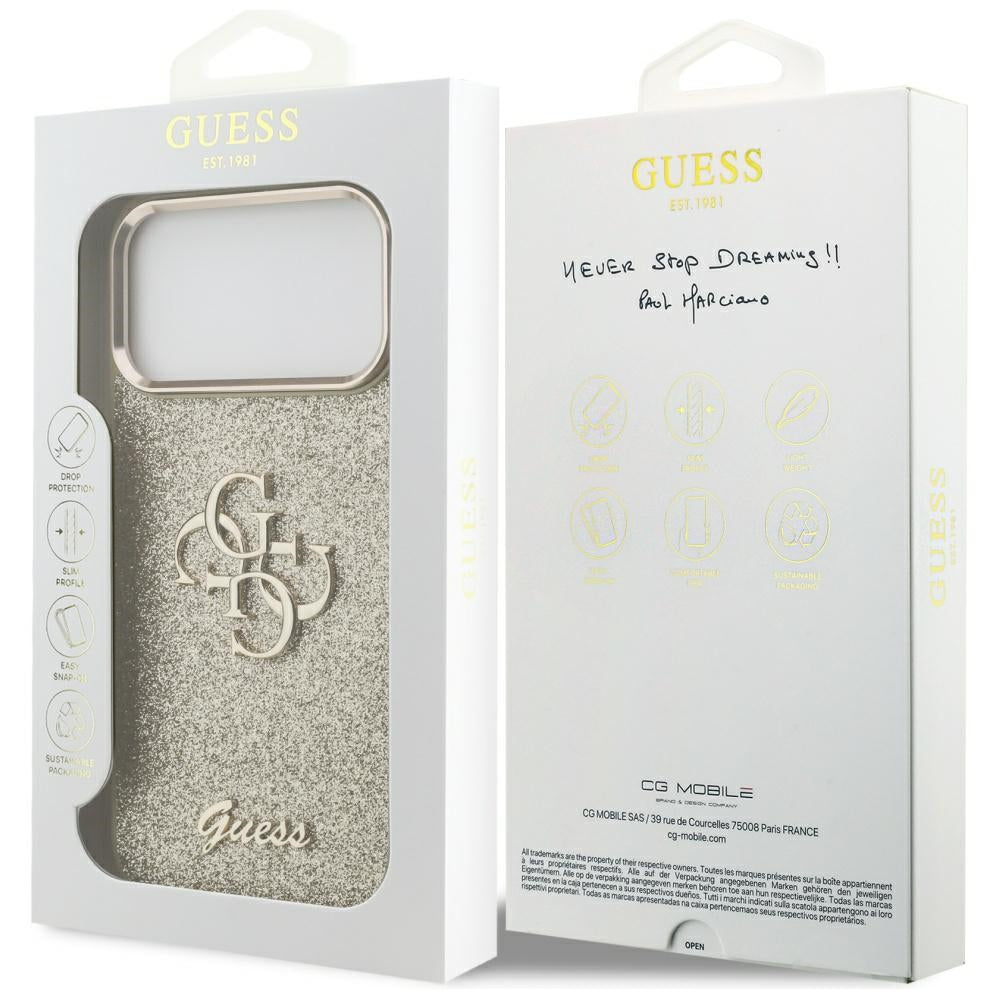 Skyddsfodral för Apple iPhone 17 Pro Max, Guess, Fixed Glitter Big 4G Metal Frame, Guld