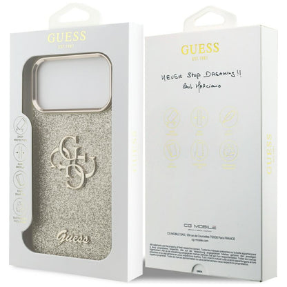 Skyddsfodral för Apple iPhone 17 Pro Max, Guess, Fixed Glitter Big 4G Metal Frame, Guld