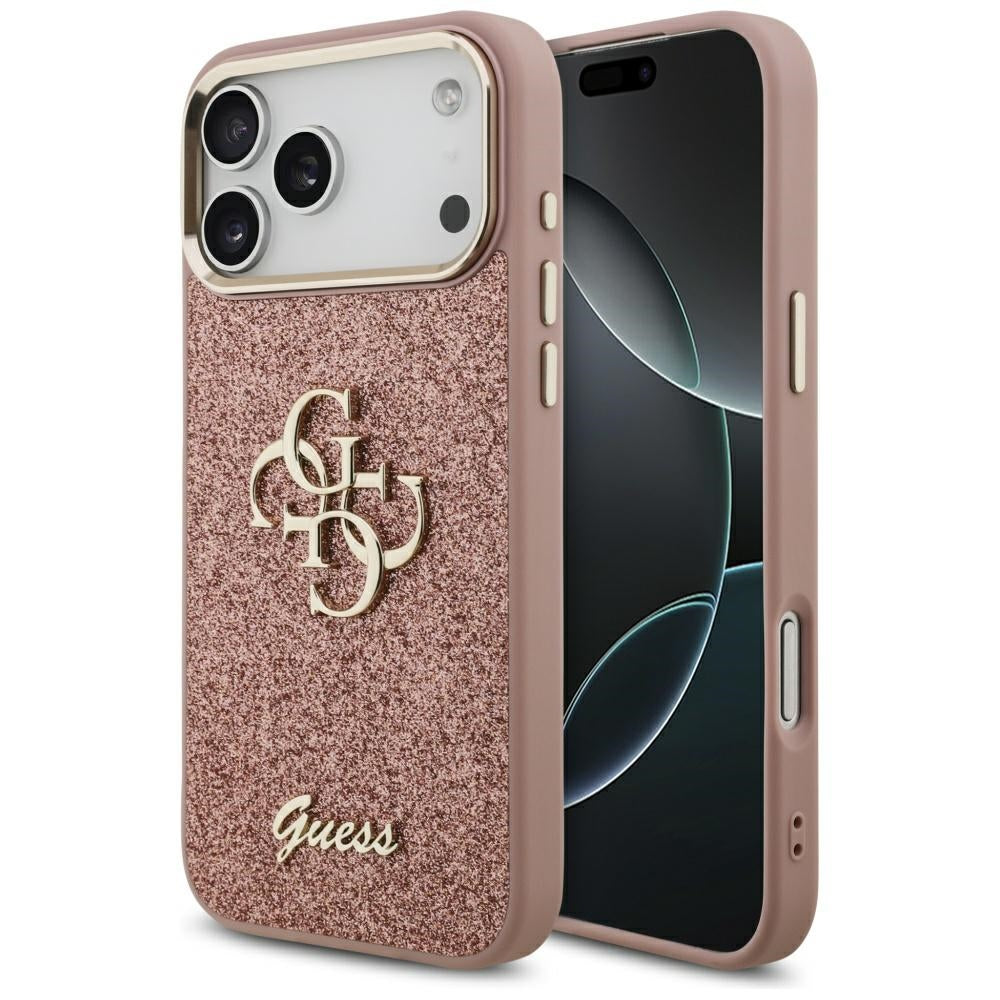 Skyddsfodral för Apple iPhone 17 Pro Max, Guess, Fixed Glitter Big 4G Metal Frame, Rosa