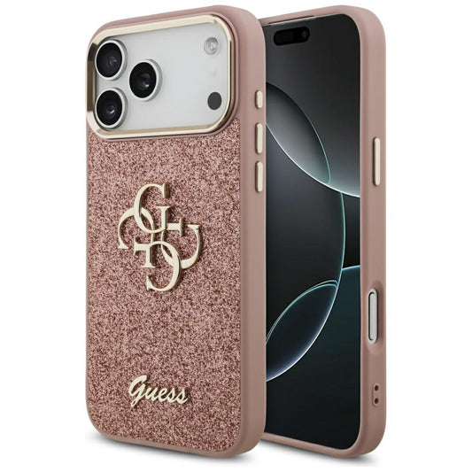 Skyddsfodral för Apple iPhone 17 Pro Max, Guess, Fixed Glitter Big 4G Metal Frame, Rosa