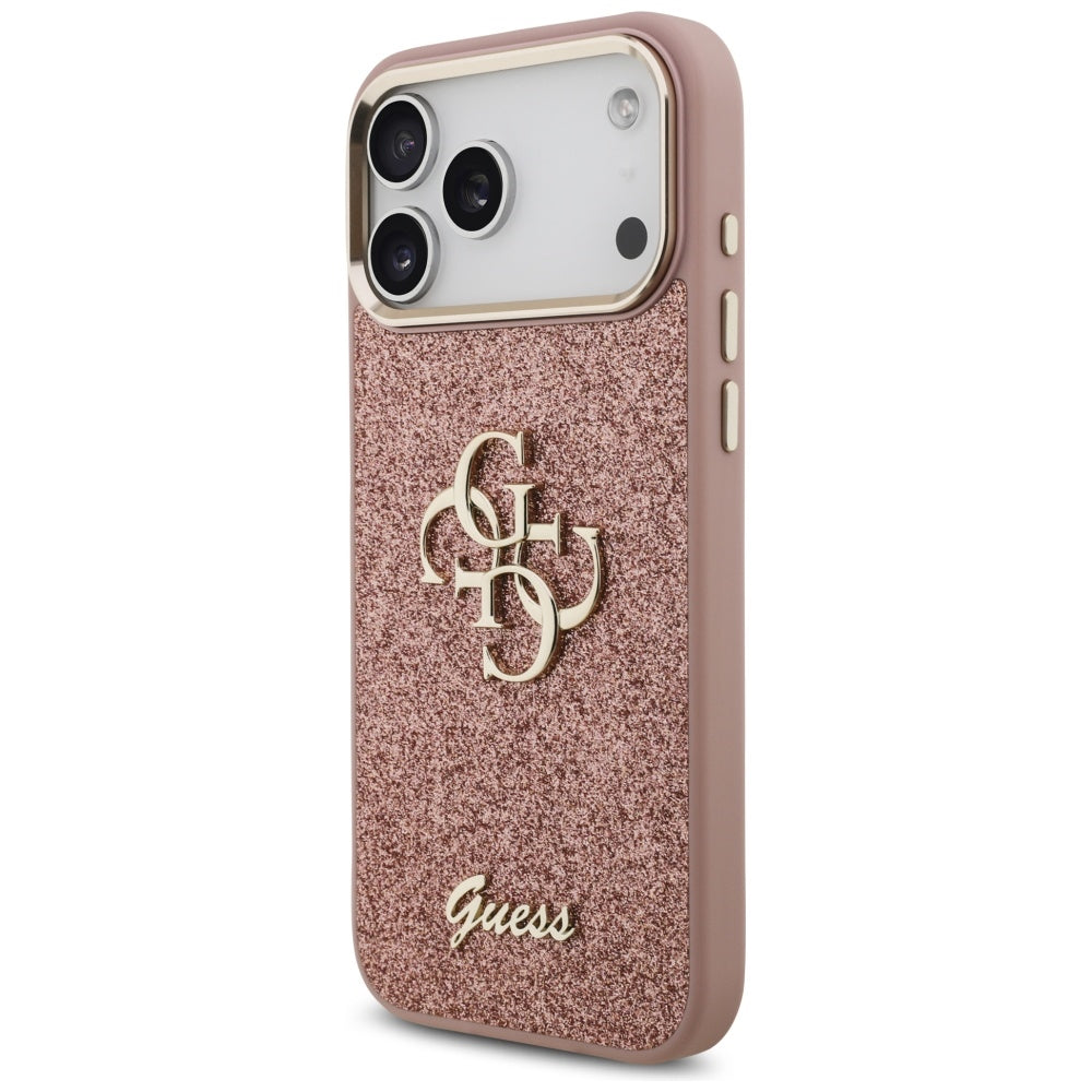 Skyddsfodral för Apple iPhone 17 Pro Max, Guess, Fixed Glitter Big 4G Metal Frame, Rosa