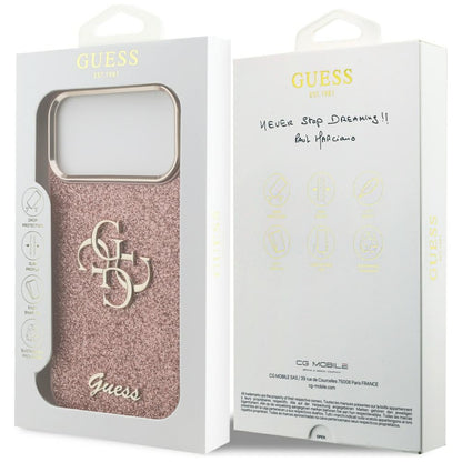 Skyddsfodral för Apple iPhone 17 Pro Max, Guess, Fixed Glitter Big 4G Metal Frame, Rosa