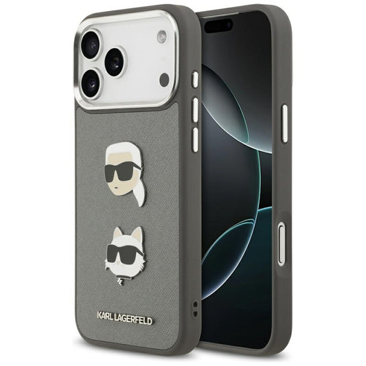 Skyddsfodral för Apple iPhone 17 Pro Max, Karl Lagerfeld, Grained Karl & Choupette's Heads Pins and Logo, Grå