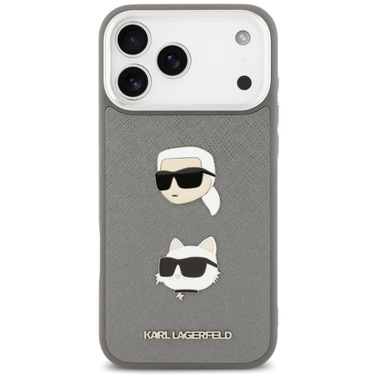 Skyddsfodral för Apple iPhone 17 Pro Max, Karl Lagerfeld, Grained Karl & Choupette's Heads Pins and Logo, Grå