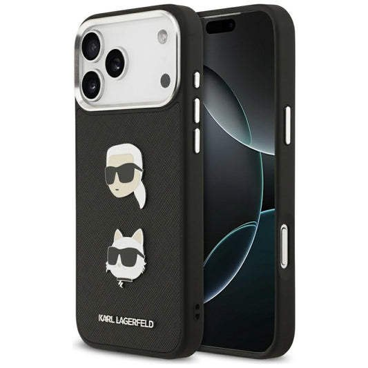 Skyddsfodral för Apple iPhone 17 Pro Max, Karl Lagerfeld, Grained Karl & Choupette's Heads Pins and Logo, Svart