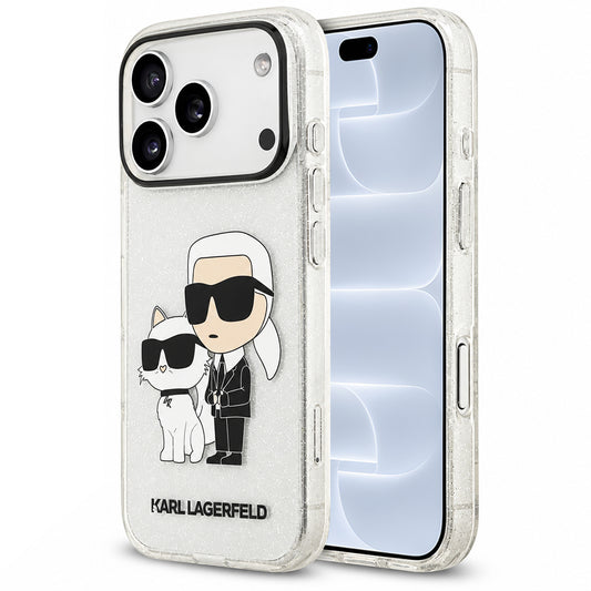 Skal till Apple iPhone 18 Pro / 17 Pro, Karl Lagerfeld, IML Glitter Karl and Choupette NFT, transparent
